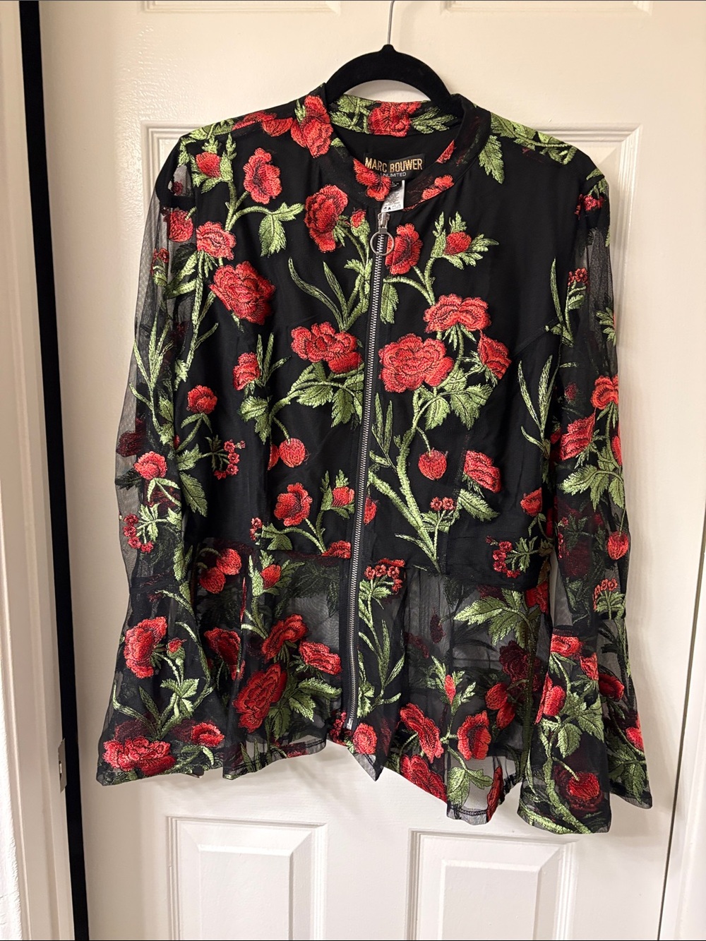 Marc Bouwer Black Mesh Bomber Jacket with Red Floral Embroidery